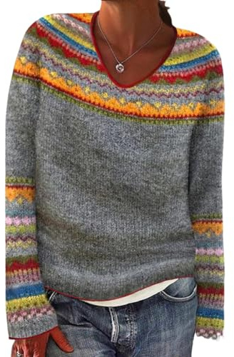 XNC Women's Colorful Retro Fair Isle Sweater Long Sleeve Knit Tops