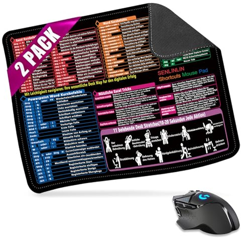 SENLINLIN 2er-Set Mauspad 300×250×2 mm, Deutsch Shortcuts für Excel, PowerPoint & Windows, rutschfest, Geruchsfrei, Ideal für Büro, Schule und Zuhause, Klein