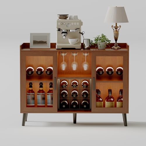 IDEALHOUSE Freestanding Wine Bar Cabinet with Wine Rack and LED Light, Kitchen Sideboard and Buffet Cabinet Coffee Bar with Glass Holder, with Glass Door for Living Room, Dining Room