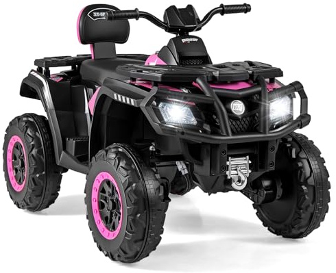 COSTWAY Barn Quad elektrisk 24 V, 2-sitsig barnfyrhjuling, 3–8 km/h, elfyrhjuling med strålkastare, musik och tupe, elbil ATV för barn från 3 år (rosa)