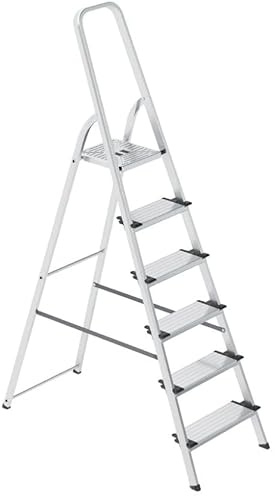 Bayersystem Aluminiumleiter 6-stufig, Stufenleiter, mit Breiten Stufen, leicht, klappbar, tragbar, robust, Belastbarkeit 150 kg, mit breiter Plattform, Multifunktionsleiter Haushalt, Büro und Lager