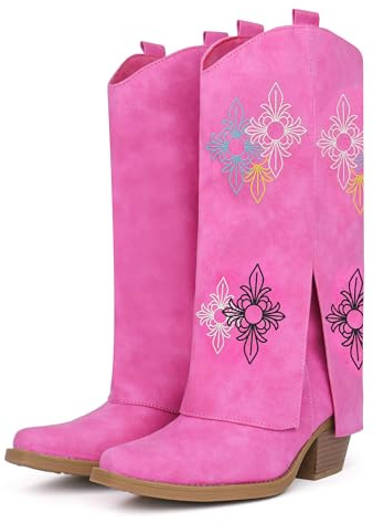 Hawkwell Bottes Cowboy Femme - Bottines Style Shark à Revers avec Broderies Western - Talon Bloc et Bout Pointu - Bottes à Mi-Mollet en Cuir Synthétique avec Fermeture Éclair