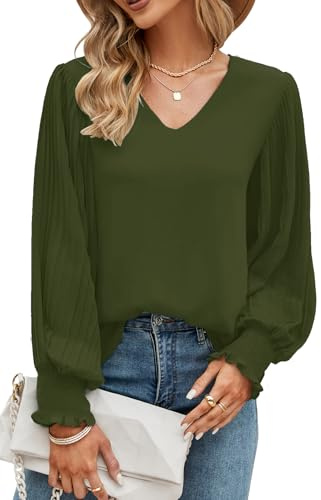 Odosalii Womens Tops Pleated Lantern Sleeve V-Neck Shirts Elegant Solid Color Loose Fit Casual Chiffon Blouse