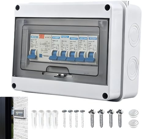 4 Way Consumer Unit Circuit Breaker, IP65 Weatherproof Garage Consumer Unit, Anti-Leakage Fuse Box with Circuit Protection, for Garages Caravans Workshops, 63A 30mA RCD 4MCB 6A+10A+20A+32A