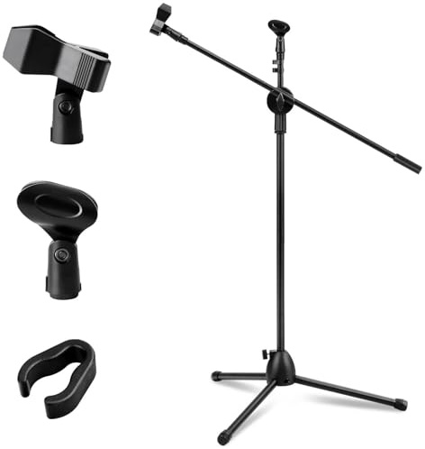 SUNNYNEST Microphone Stand with Telescopic Boom Adjustable and Portable Collapsible Studio Holder with Tripod Base, Mic Clip Adapter for Musicians, Parties, and Stages (73-175CM)