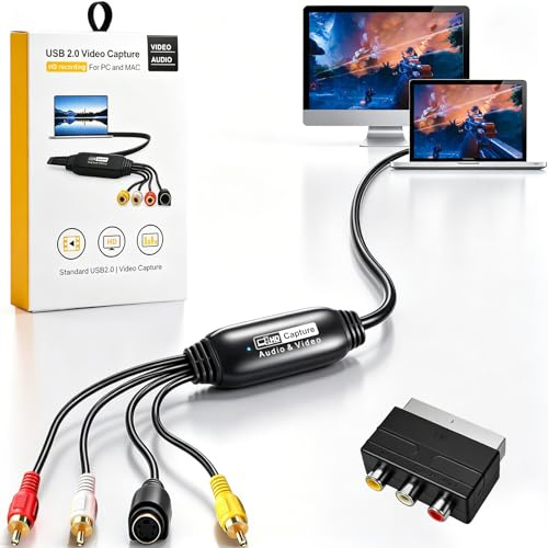 VHS till digital omvandlare, USB 2.0 inspelningskort för VHS/VCR/DVD/Hi8, Plug and Play 1080p HD videoadapter kompatibel med Windows/Mac, konvertera analog till digital för hem, lärare och