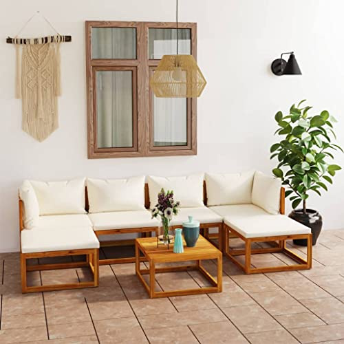 PTUGUOF 7-TLG. Garten-Lounge-Set aus massivem Akazienholz mit abnehmbaren Sitz- und Rückenpolstern in Creme, inklusive Couchtisch mit Lattenrost-Design, modulares Lounge-Set für Garten