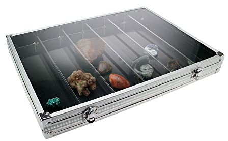 AFE Samlarvitrin aluminium 5874 – robust samlarvitrin med 6 fack, 2 lås och metallförstärkning – väggmontering och flexibel användning – 395 x 300 x 45 mm, 40 mm användbar höjd