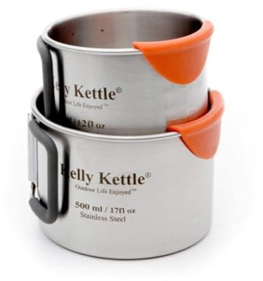 Kelly Kettle Camping Cup Set (350 & 500ml) 2 x Food Grade Stainless Steel | Single Walled | Silicone Coated Foldable Handles | CooLip™ Protects Lips from Burning