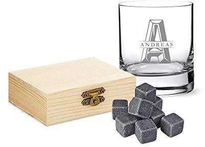 AMAVEL Set da Whisky, Bicchiere Tumbler in Vetro, Incisione Personalizzata con Nome e Iniziali, 9 Pietre in Granito Raffreddanti, Scatola in Legno