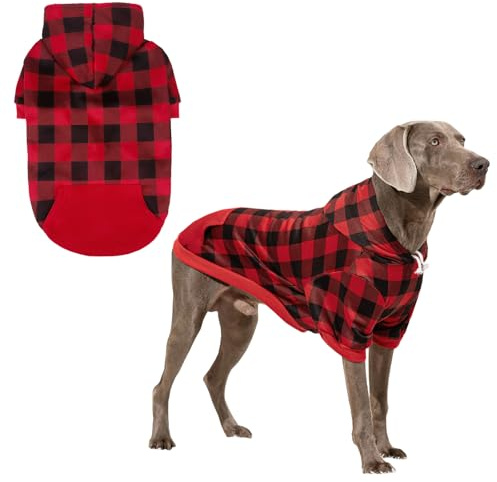 KOOLTAIL Plaid Dog Hoodie Pet Clothes Sweater with Hat and Pocket for Small Medium Large Size Dogs, Soft Winter Warm Dog Cold Weather Coat, Fleece Fall Dog Hooded Sweatshirt for Puppy Cats, Red L