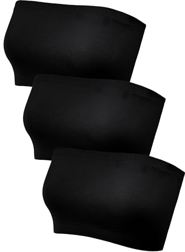 HESTYA Women's Strapless Bralette Bra Seamless Bandeau Soft Stretchy Non-Padded Bandeau Tube Top Sport Bra, 3 Pieces(Small,Black)