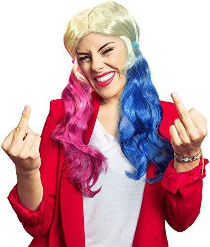 Balinco – Harley Quinn Perücke Blond mit blauen & pinken Zöpfen sowie passenden Haargummis – Cosplay Perrücke Damen – Perfekte Ergänzung zum Suicide Squad Kostüm – Für Karneval, Fasching, Halloween