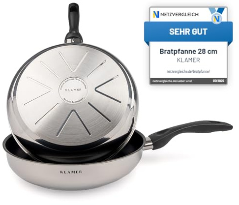 KLAMER Bratpfannen Set 28 und 28 cm für Induktion, Profi Edelstahlpfanne | Greblon C3+ Antihaftbeschichtung, fettarmes Braten ohne Anbrennen, PFOA-frei und backofenfest, mit ergonomischen Kaltgriff