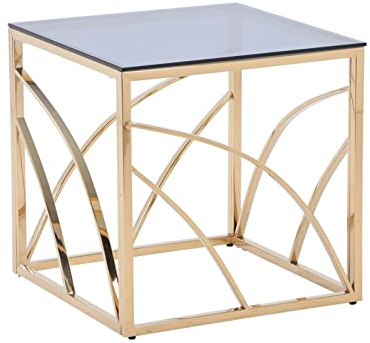 JaHECOME Couchtisch Beistelltisch Sofatisch für Wohnzimmer, Schlafzimmer Küche Café und Bar, moderner Kaffeetisch mit Edelstahl Gestell und grauem durchsichtigem Hartglas (quadratisch golden)