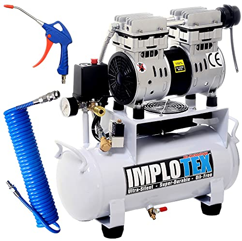 IMPLOTEX 850W 14L Silent Flüsterkompressor Druckluftkompressor nur 55dB leise ölfrei flüster Kompressor Compressor inkl. Ausblaspistole und Druckluftschlauch