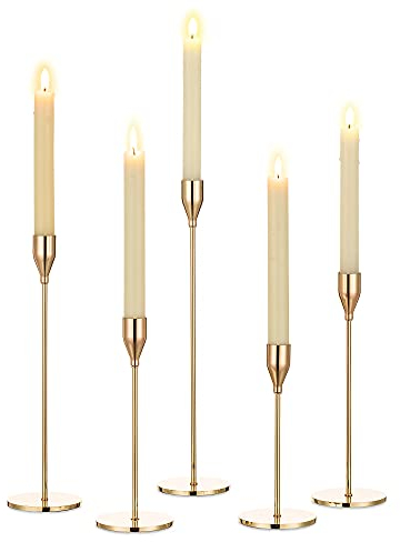 Romadedi Gold Kerzenständer Kerzenhalter für Stabkerze Kerzen 5er Set Hoch Metall Vintage Kerzen Ständer für Hochzeit Party Weihnachten Esstisch Tischdeko Modern Deko Wohnzimmer 34/29/25/22/19cm