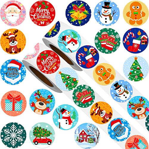 Zonon 1000 Stück Aufkleber Weihnachten Rollen Etiketten Weihnachtsaufkleber Selbstklebend Geschenkaufkleber Runder Umschlag Etikett für Weihnachtsfeier Bedarf Buch Wasserflaschen Deko
