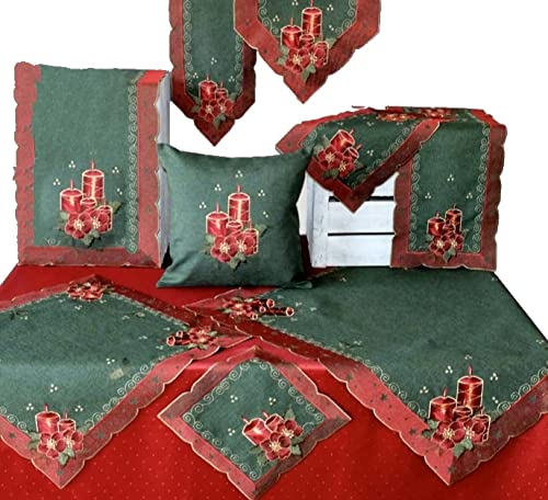 Tischdecke Tischläufer Mitteldecke Deckchen Weihnachten grün Bestickt mit roten Kerzen (Tischband 20 x 160 cm)