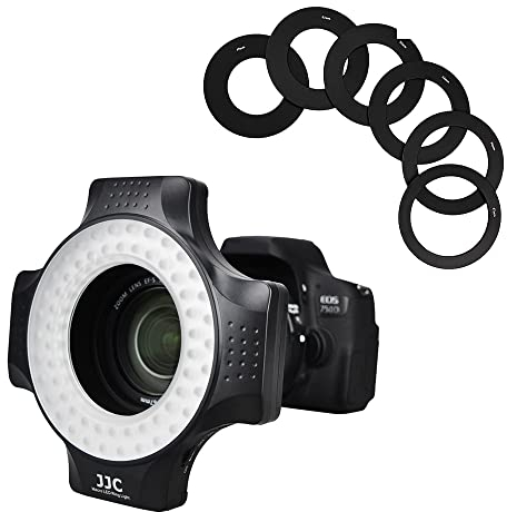 JJC Makro-LED-Ring-Blitzlicht mit 60 hochintensiven LED-Lichtern, Blitzdiffusor für Canon Sony Nikon Olympus Fuji DSLR-Kameraobjektiv, 6 Objektivanschluss-Adapterring - 49 mm bis 67 mm