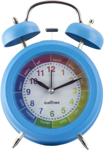 Eurotime Doppelglockenwecker, Glockenalarm und Blaue LED-Beleuchtung, Lernzifferblatt, Kunststoffgehäuse und Echtglas, geräuscharmer Wecker, kein Ticken, mit Weckwiederholung, 22050