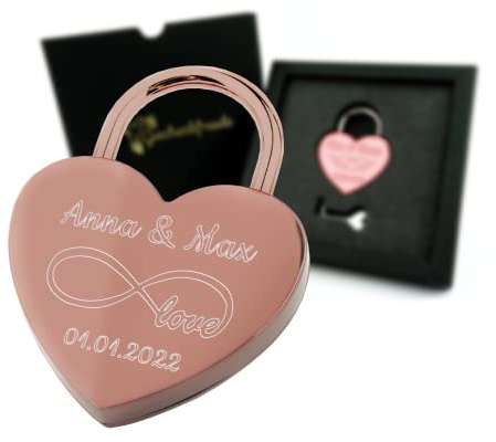 Geschenkfreude Liebesschloss mit Gravur - Herzschloss mit Schlüssel Rosé | Geschenke für Paare, Valentinstagsgeschenk, Pärchengeschenk, personalisiert, witterungsbeständig, Schloss mit Gravur