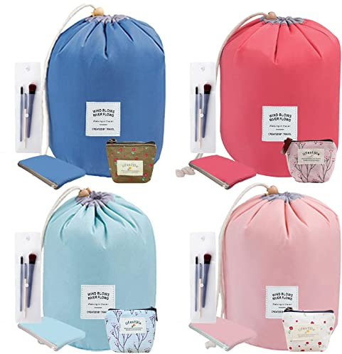 INVODA Cosmetic Bags Drawstring Barrel Makeup Bag,Women&Girls Portable Foldable Cases Multifunctional Toiletry Bucket Bags Travel Makeup Organizer Storage Pocket Soft Collapsible (4PCS+Coin Bag