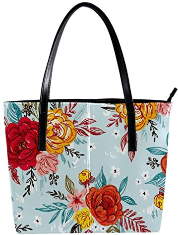 Schultertasche, leicht, lässig, Schultasche, Lehrertasche, Handtasche, Geldbörse, bunte bemalte Blumen, blühendes Rot, Gelb, Mehrfarbig