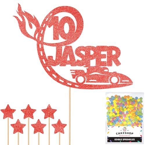 Personalised F1 Motor Racing Car Glitter Cake Topper - Red Custom Age & Name Glitter Cake Decoration and Sprinkles - Happy Birthday Decorations - Personalised Toppers for Cakes by Cakeshop