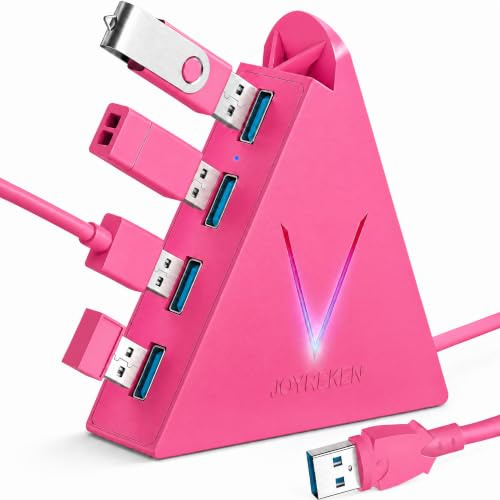 4-Port USB 3.0 Hub, FlyingVHUB USB Hub Tower mit 60 cm verlängertem Kabel, RGB-Beleuchtung (mit Schalter), USB-Splitter für Laptop, PC, PS4, PS5, Xbox, Maus, Tastatur, Flash-Laufwerk, U-Disk(Hot Pink)