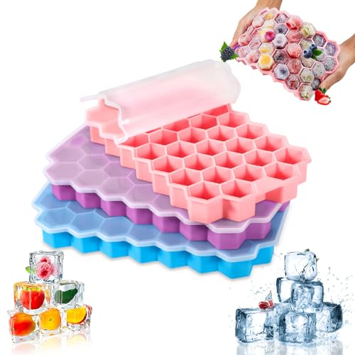 AQXONG 3 Pcs Stampo Ghiaccio con Coperchio, Stampo Ghiaccio Silicone, Vassoio per Cubetti di Ghiaccio a 37 Scomparti, Vassoi per Cubetti di Ghiaccio Impilabili per Cocktail, Cioccolato, Crema, Succo