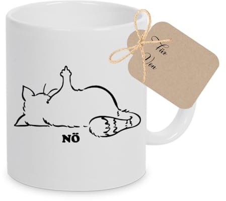 Manufaktur Liebevoll Tasse mit Katzentasse mit Spruch Nö Tasse Mittelfinger Katze Bürotasse mit Spruch Nö Lustige Geschenke Tasse Katze Keramik (Nö, Weiß)