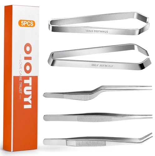 OioTuyi 5er Set Küchenpinzette Edelstahl, Fischgrätenzange, Kochpinzette für Fisch, Meeresfrüchte und Geflügel, Robust und Rostfrei(Silber)