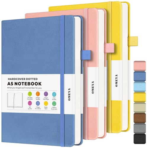 Bullet Dotted Journal Notebook 3 Pack, A5 Dotted Journal with 120gsm Paper, Leather Dotted Notebook, Hardcover Dot Grid Notebook Each with 156 Nmubered Pages, Dot Journal for Women, 14.6 cm × 21.3 cm