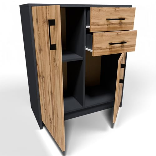 MATKAM Schlafzimmer Kommode mit Schubladen und Türen - Sideboard Wohnzimmer H:85xB:74xT:35 cm - Komode mit 2 Schubladen und 2 Türen - Komodenschrank für Schlafzimmer - Anthrazit/Eiche