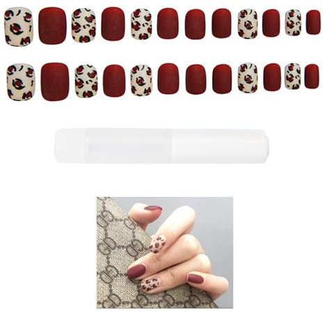 24pcs Short Square False Nails French Tip, Leopard Print Stick on Nails, Glitter Press on Nails, Removable Glue-on Fake Nails, Women and Girls Nail Art Accessories, Impress Nails Press on.