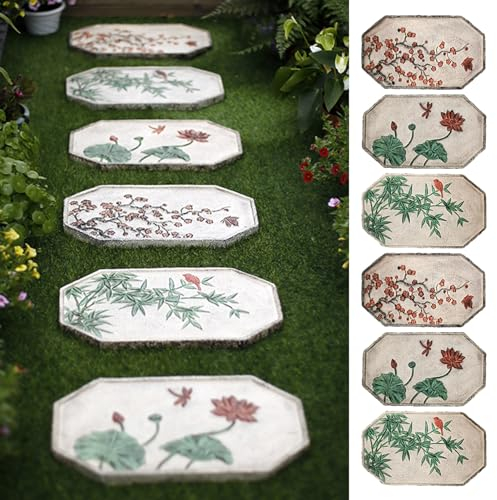 Trittsteine für Garten Pflaumenblüten-Bambus-Lotus-Trittstein Im Freien, Lebendige Dekorative Trittsteine für Den Garten, 1 Dicker Personalisierter Gehstein, Grün-rotes Element ( Color : 6 pack )