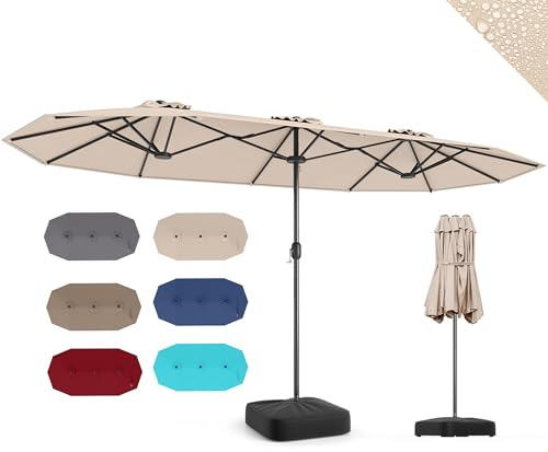 RELAX4LIFE Grand Parasol de Jardin Extérieur avec Pied | Parasol Double Terrasse à 12 Baleines | Manivelle | Polyester Résistant | Verrou de Sécurité | Protection UV pour Piscine Patio Marché (Beige)