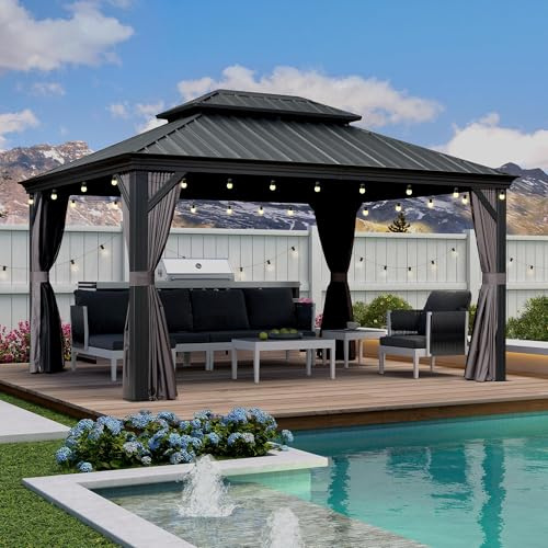 PURPLE LEAF Tonnelle de Jardin Exterieur Alu 4,25 x 3,25 m avec LED Gris | Double toit rigide, Installation rapide, Drainage efficace, Rideaux épais et moustiquaire 260 g/m², Ambiance cosy, Tonnelle