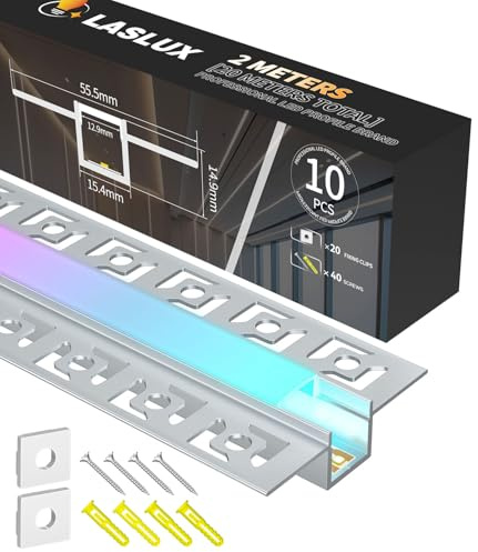 LASLUX LED Aluminium Profile Recessed 10 x 2 m (20 m) for LED Strips up to 20 mm with Milk White Diffuser and Tips for Mounting in Plaster Panels and Drywall