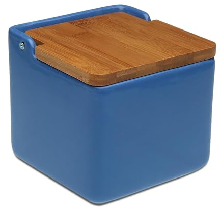 TIENDA EURASIA - Salero de Cocina de Cerámica | Tapa Abatible de Bambú | Salero | Medida 12 x 12 x 11 cm | Saleros Originales (Azul)