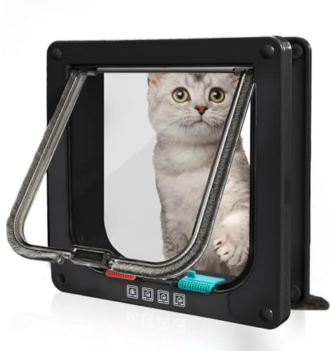 LUOJINYI Katzentür, ABS-Acryl Katzenklappe Innentür, Sicherheits-Haustiertür mit 4-Wege-Schloss, 19.8×19×5.5cm Einfache Installation Hundeklappe für Innen- und Außentür, Fenster, Wand (Schwarz, M)