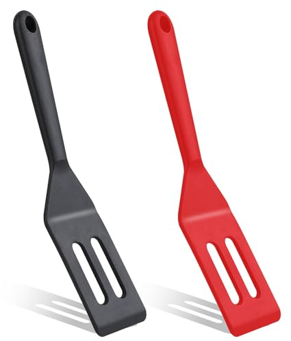 2 Pack Silicone Egg Spatula Flipper Thin 9.8 Inch Black Small Omelette Turner Heat Resistant Non Stick Pancake Spatula for Cooking Omelet Burgers Pizza Steak Crepes