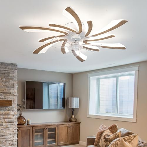 Smart Ventilatore da soffitto con venature del legno con luci, telecomando, dimmerabile, 6 velocità, timer, reversibile, 78 cm, ideale per soggiorno e camera da letto