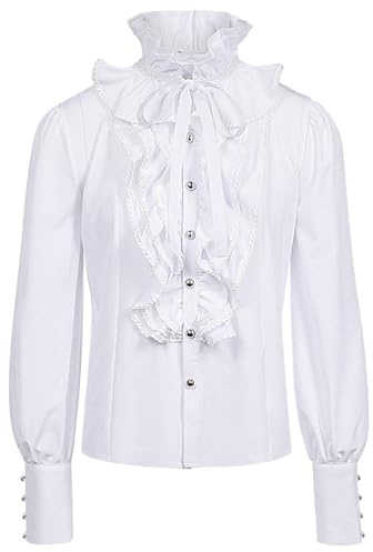 Camicia vittoriana da uomo con volant, colletto alto, con bottone, a maniche lunghe, medievali, per il rinascimento vittoriano, maglietta da pirata gotica, O bianco., XXL