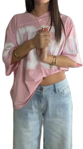 RUIWANBBY Maglietta da donna Y2k oversize in jersey a maniche corte con stampa numerica e scollo a V maglietta estiva casual allentata sportiva top streetwear, rosa, M