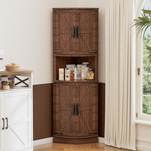 BonVache Küchenschrank Hoch, Eckschrank, Badezimmerschrank Schmal, Eckregal mit 4 Türen und 5 Ablageflächen, 165cm Aufbewahrungsschrank Holz, Hochschrank für Küche, Wohnzimmer, Esszimmer, Braun