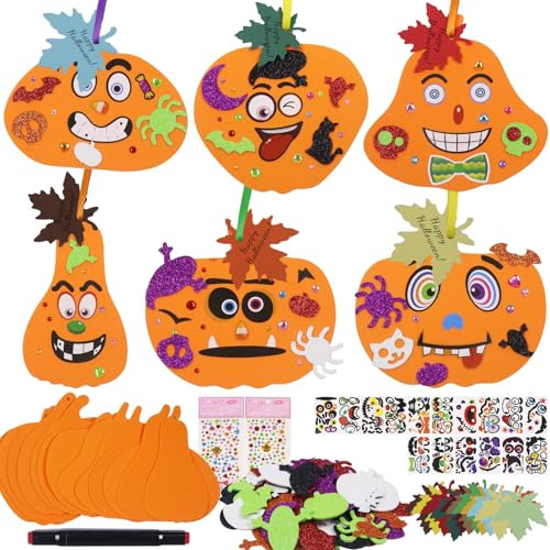 Halloween Basteln Kinder, 12 Stück DIY Kürbis Deko, Halloween Bastelset, Herbst Basteln mit 50 Aufkleber, 12 Ahornblatt, Pumpkin Bastelset, Thanksgiving Handwerk Kürbis Dekoration für Jungen Mädchen