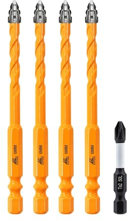 EXFEIN - Juego de brocas de mampostería mejoradas de 6 mm, juego de brocas dentadas EXFEIN - 4 brocas de carburo y 1 broca magnética para madera, plástico, azulejos, hormigón, ladrillo, mármol