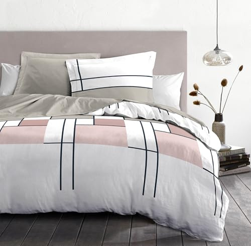 HOME LINGE PASSION Parure de Couette 220x240 cm – 3 pièces – Percale de Coton Douce – Housse + taie – Blanc & Rose – Modèle L'intrigante